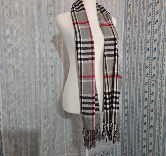 Gray, Black, Red Checkered Scarf - One Size - Picture 2 of 2